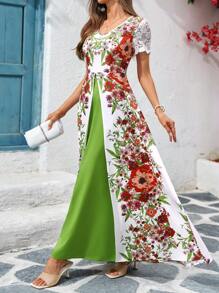 SHEIN Clasi V领收腰阳光印花长款度假连衣裙 - 彩色 - 查看 2