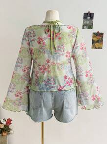 Soleia 大码女式夏季度假上衣，适合返校季，秋季休闲娃娃装上衣，带有花卉印花 - 彩色 - 查看 2