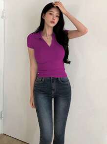 DAZY 女士休闲纯色修身 Polo 领 T 恤，夏季，商务休闲女装