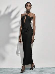 Lumivelle 全新优雅荷叶边细肩带连衣裙，高品质镂空露背修身长款雪纺连衣裙