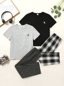 SHEIN 青少年男孩 4 件套简约图案印花圆领短袖 T 恤和格子图案宽松休闲睡裤 - 黑色 - 查看 1