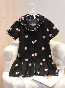 SHEIN Young Girls Summer Heart Print Ruffle-Collar Ruched Short Sleeve Nightgown Set - Black - View 3