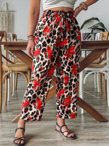 SHEIN VCAY Plus Size Women Leopard Floral Print Drawstring Waist Straight Leg Pants - Multicolor - View 1