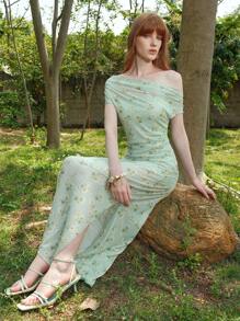 Arave Vestido de verano con diseño floral margarita en estilo francés con volantes, fruncidos y detalles de malla