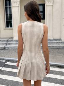 SHEIN Frenchy Váy ngắn không tay cài nút phía trước kẻ sọc thường ngày cho nữ, mùa hè - Màu be - Xem 4