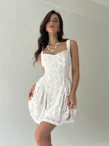 Aloruh Spring/Summer Vacation Romantic Date White Textured Sleeveless Bodycon Mini Dress For Women - White - View 6