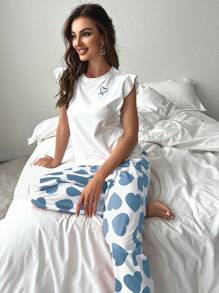CoupledUp Women Heart Print Ruffle Sleeve Top And Pants Pajama Set Holiday Season - Blue - View 6