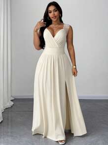 SHEIN Clasi Váy kaki chữ A xẻ tà cổ chữ V thanh lịch, viền ren, không tay, xẻ tà dành cho nữ cỡ lớn, thích hợp mặc hàng ngày, dự tiệc, đám cưới, mùa xuân và mùa hè - Màu be - Xem 7