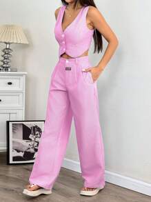 Solflare Rose Red Vest With Pants Sheer Plus Size Suit Set,Business Casual Woman In Fall/Winter - Hot Pink - View 6
