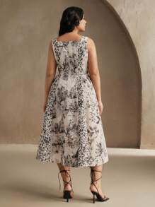 Anewsta Vestido de verano casual para mujer talla grande, con estilo vintage de vacaciones y festivales, de playa, con estampado de leopardo de tinta y parches, talle ceñido y escote cuadrado sin mangas - Multicolor - Ver 2