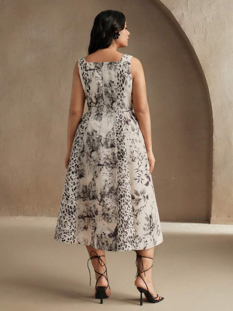 Plus Size Women Summer Holiday Casual Festival Vacation Beach Style Vintage Ink Leopard Patchwork Cinched Waist Sleeveless Square Neck Dress