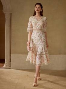 MOTF PREMIUM VÁY DÀI TRUNG BÌNH IN HOA REN TƯƠNG PHẢN - Màu vàng - Xem 6