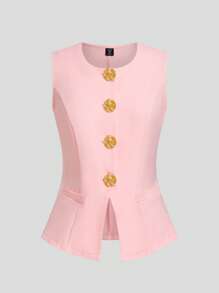 Sweetra Plus Size Fashionable And Sweet Style Sleeveless Top And Pleated Skirt 2 Pieces Set - Pink - View 3