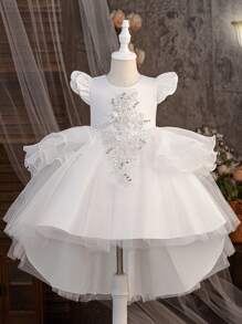 SHEIN Girl's (Small) 3D Applique Mesh Flounce Design Backside Bowknot Draped Elegant And Luxurious Banquet Dress, Suitable For Birthday Party, Runway, Wedding Ceremony - White - View 2