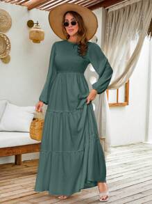 EURMUSE LANTERN LONG SLEEVE LAYERED LONG DRESS - Mint Green - View 4