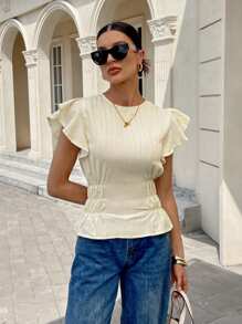 Siren Gaze 女式休闲纯色盖袖收腰衬衫，夏季