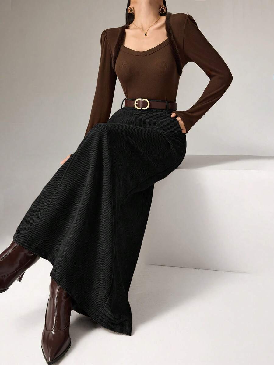 Heiryn 女士纯色口袋简约灯芯绒半身裙，休闲日常穿着 - 黑色 - 查看 1