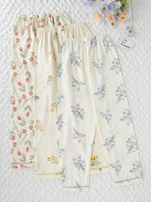 CottageSlumber Set de 3 pantalones de pijama con cintura elástica y estampado floral para vacaciones y temporada festiva