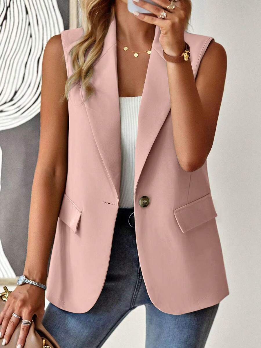 SHEIN PETITE Casual Commuter Sleeveless Blazer Jacket With Fake Pockets - Pink - View 1
