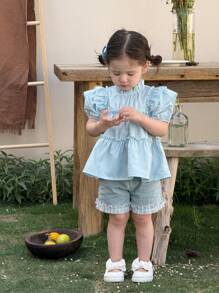 SHEIN Cute Babygirl Summer Vacation Light Blue-Green Ruffle Trim Top And Elastic Waist Shorts Set