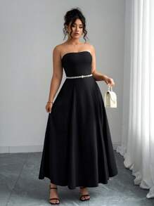 Elenzga Vestido de línea A con cintura fruncida, sin tirantes, de unicolor y elegante para mujer de talla grande