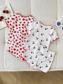 4pcs Baby Girls Spring/Summer Casual Everyday Outfits - Ditsy Floral & Cherry Print Knitted Short Sleeve T-Shirt & Shorts Set, 0-3 Years - Multicolor - View 2