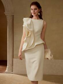 MOTF PREMIUM Vestido con bajo dividido y ribete de volantes - Albaricoque - Ver 4