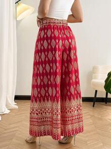 SHEIN Clasi Plus Size Women Elegant Golden Foil Geometric Print Wide Leg Pants - Red - View 2