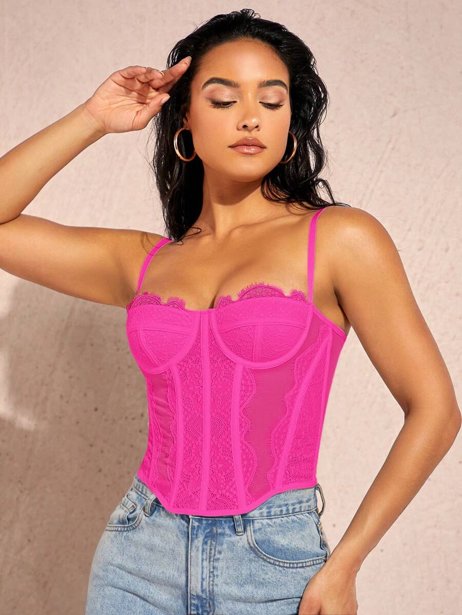 Silquee Ladies' Slim Fit Lace Contrast Mesh Camisole Top,Fall/Autumn