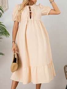SHEIN Váy bà bầu tay bồng ngắn kẻ sọc nơ - Màu vàng - Xem 3