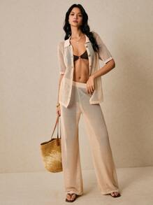 Poéselle A Two-Piece Beige Sweater Set With A Hollowed-Out Crochet Design,Cover Ups For Swimwear,Vacation Outfits Woman,Women Two Pieces Outfits For Daily Wear - Apricot - View 1