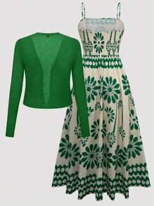 Franclia 大码女式波西米亚印花细肩带高低喇叭裙 + 针织开衫 2 件套 - 綠色 - 查看 2