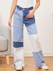 Denimly Tween Girl 都市街头时尚波西米亚风撞色原始下摆宽松直筒牛仔裤，带有原始下摆松紧腰带细节和平口袋，纽扣闭合，女孩必备的节日派对物品。 - 彩色 - 查看 1