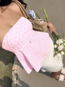 Vacation Solid Color Embroidered Bowknot Decor Cropped Tank Top - Pink - View 6