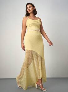 SHEIN Tall CURVE Plus Spring/Summer Vacation/Wedding Season Asymmetrical Lace Vest With Sheer Hem And Low Waist Fish Tail Ruffled Skirt 2 Pieces Set - Apricot - View 7