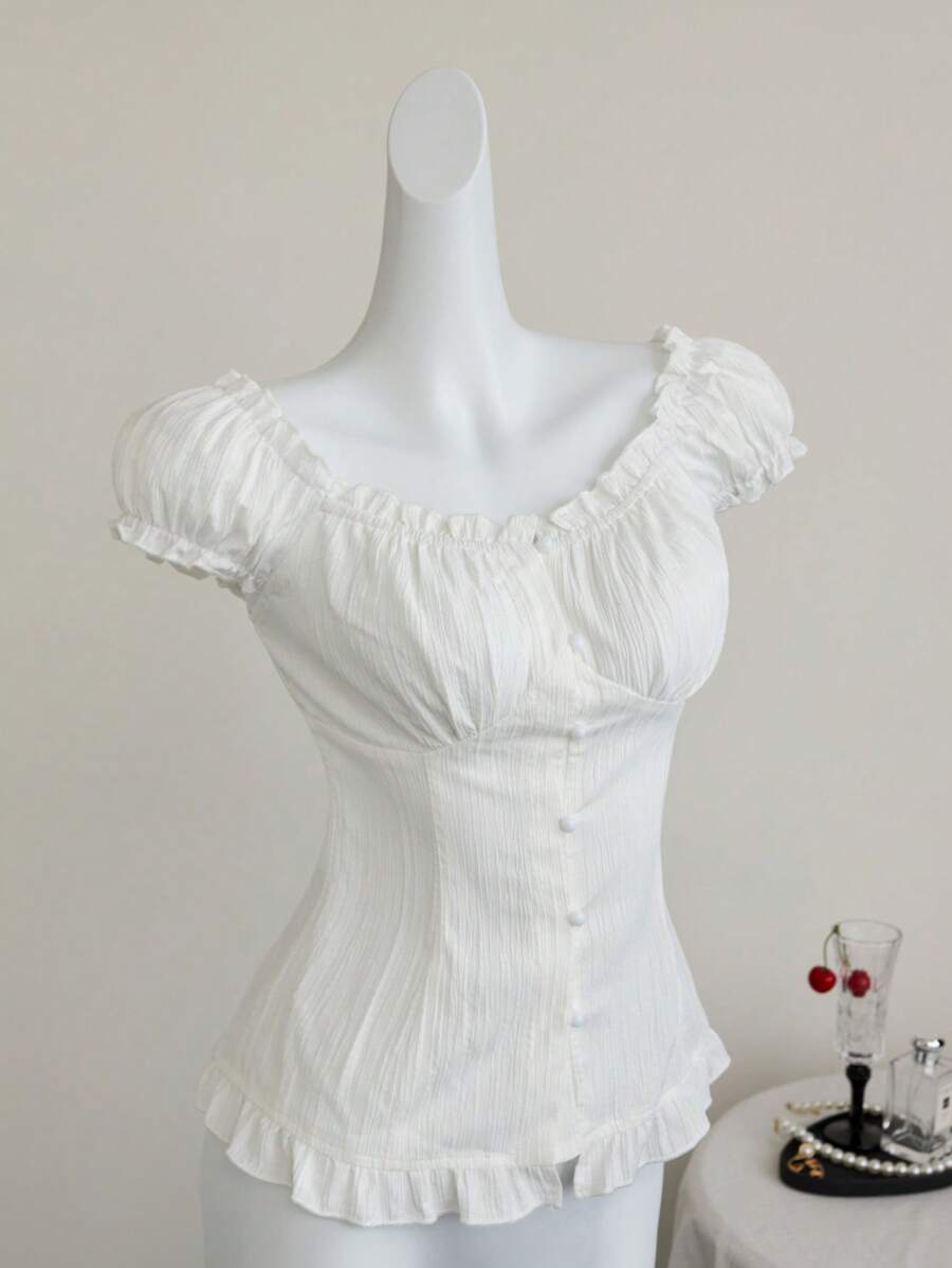 Elamini 白色性感露肩荷叶边收腰修身夏季度假上衣