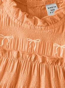 SHEIN Babygirl Summer Light Blue Sweet Bow Embroidered Cake Dress, With Little Flutter Sleeves And Ruffled Collar Design, A Perfect Blend Of Elegance And Cuteness. The Bow Embroidery On The Chest Adds A Touch Of Playfulness. Ideal For Sunny Summer Outings, Perfect For Lounging At Home, And Attending Family And Friends' Parties, Making It The Ultimate Choice For Various Occasions. - Orange - View 5