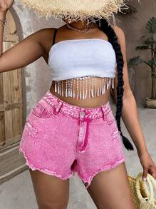 SHEIN SXY Plus Size Women's Pocket Distressed Frayed Hem Casual Versatile Denim Shorts Women Shorts Woman Shorts Jeans Women Summer Clothes