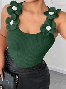 Elenzga 大码女式 3D 花卉装饰罗纹方领吊带背心，情人节款