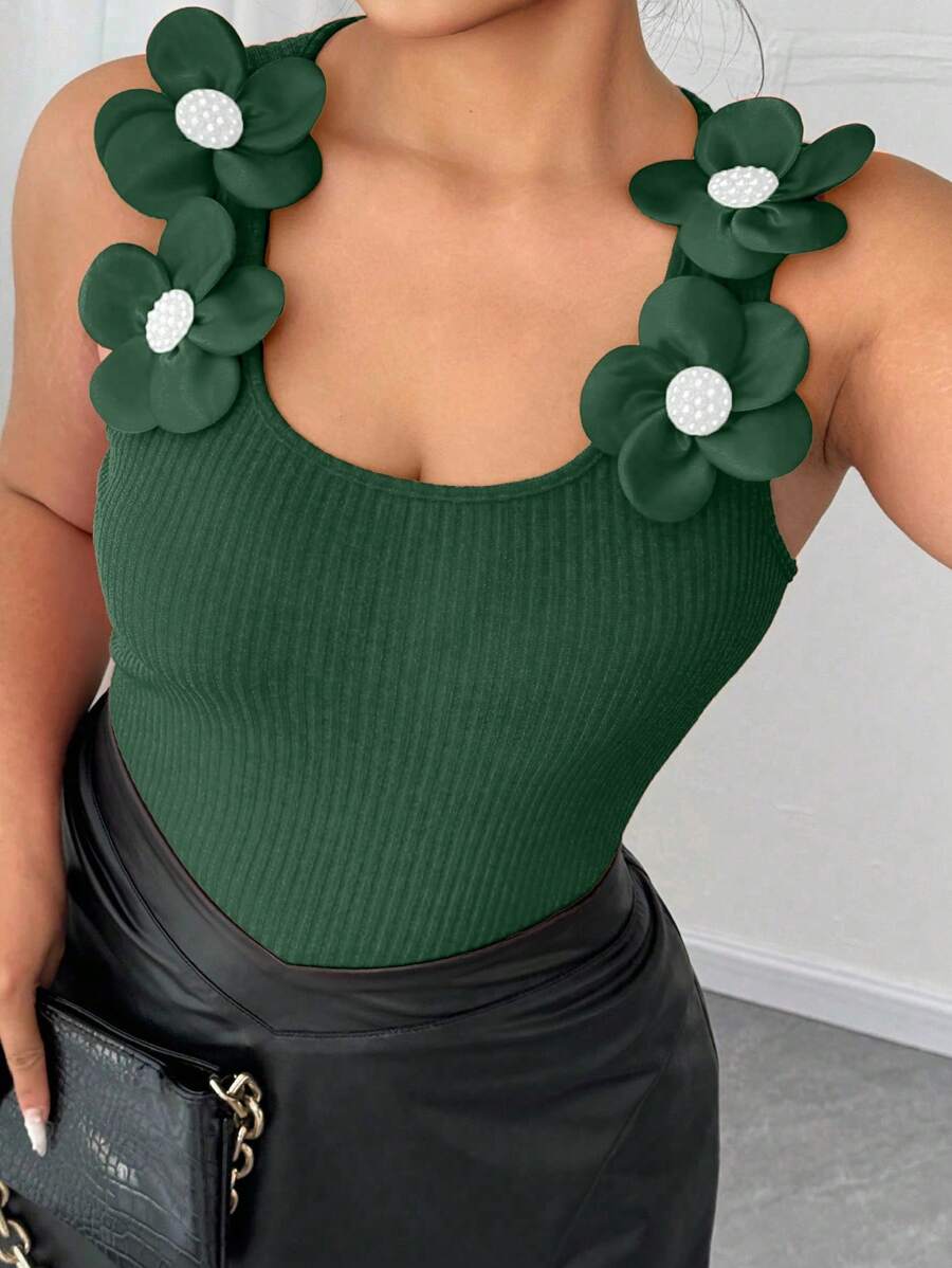 Elenzga 大码女式 3D 花卉装饰罗纹方领吊带背心，情人节款