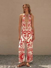 Lumivelle 女士优雅节日花卉印花镂空性感吊带连体裤