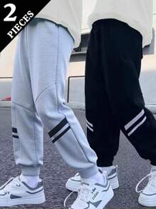 SHEIN 2pcs Young Boy Black & Gray Striped Knit Pants, Suitable For Various Occasions - Multicolor - View 1