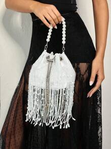 SHECARRY 女士优雅经典百搭白色亮片珠子长流苏珍珠手柄手提包 - 白色 - 查看 8