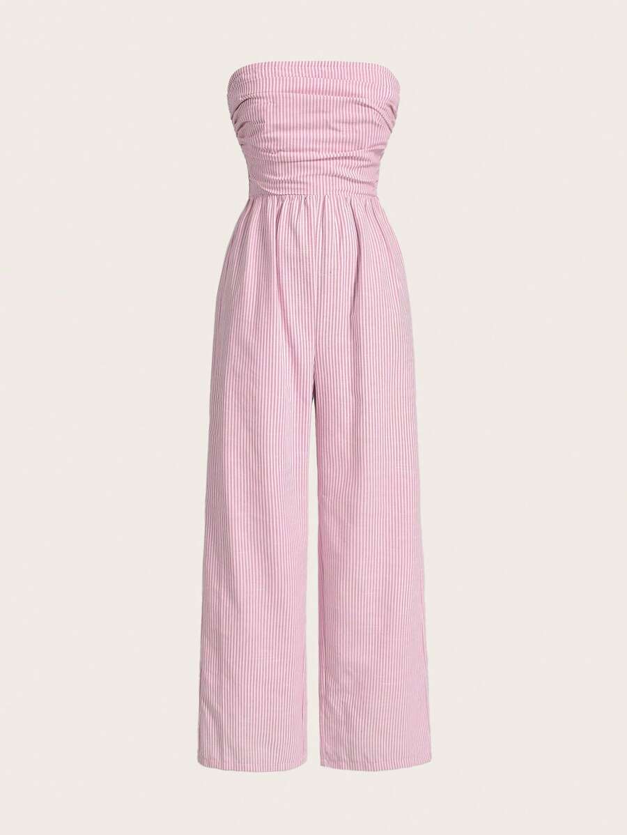 SHEIN EZwear 女式条纹褶饰露肩连体裤 - 粉色 - 查看 1
