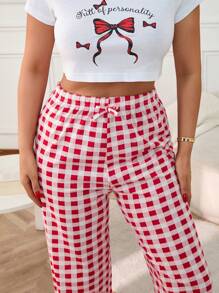 RueChic Femmes 2 pièces Ensemble de vêtements de détente avec haut à manches courtes avec imprimé de slogan et de nœud en couleurs contrastées, et bas de détente