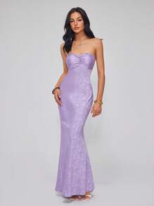 Roylia 女士时尚优雅性感提花缎面露背连衣裙，修身晚礼服，春夏 - 紫色 - 查看 3