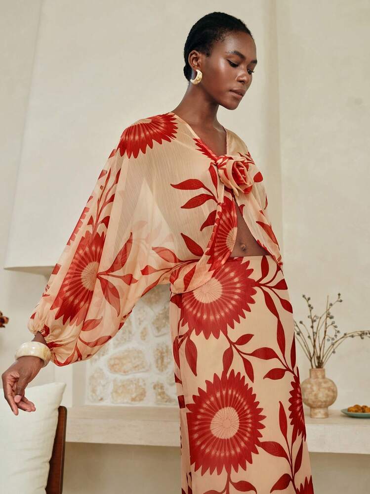 Arave Women Floral Print Chiffon Loose Two Pieces Set, Bat Wing Sleeves, Casual & Suitable For Holiday, 2pcs Women Chiffon Top & Vintage Floral Print Skirt Set, Bohemian Holiday Outfit Fall Women Clothes Fall Outfits Women Fall Autumn Clothes - Khaki - View 2