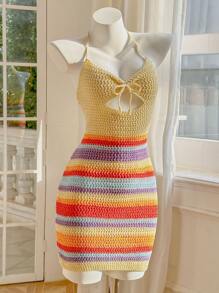 Skyraze Women's Striped Micro Hollow Beach Vacation Dress,Hawaii Women Outfits - Multicolor - View 3