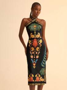 CAJUNI Đầm dệt kim in họa tiết hoa nhiệt đới màu đen ôm vừa vặn chéo lưng cho nữ - Nhiều màu - Xem 1