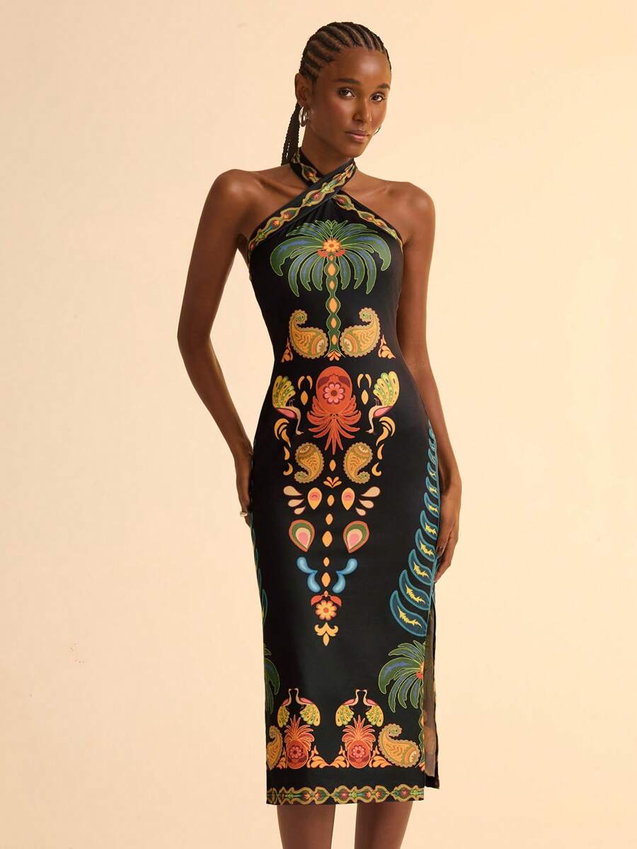 CAJUNI Đầm dệt kim in họa tiết hoa nhiệt đới màu đen ôm vừa vặn chéo lưng cho nữ - Nhiều màu - Xem 1